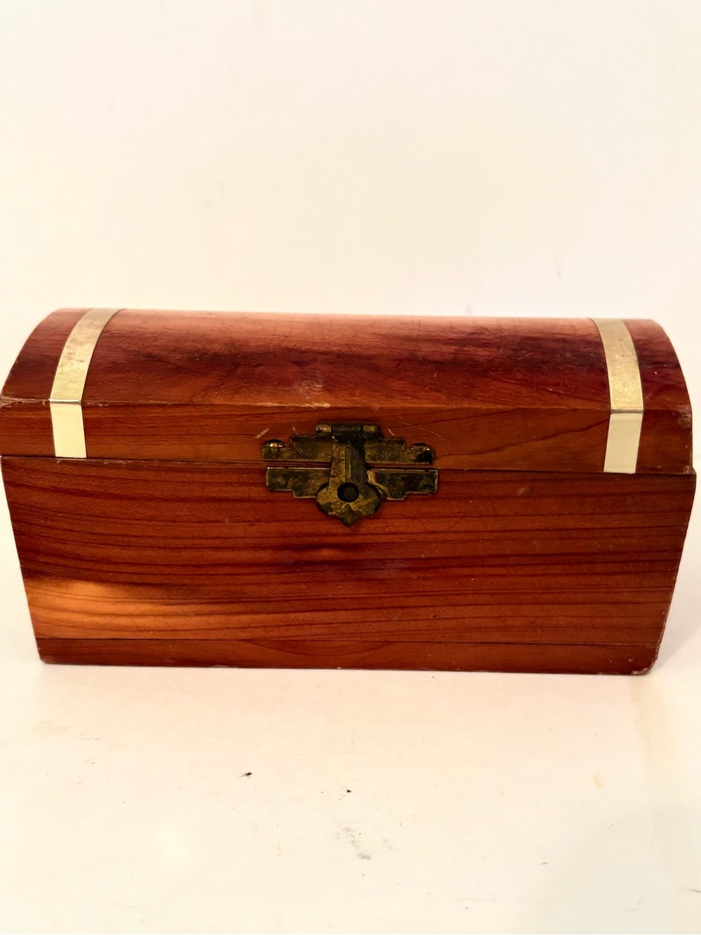 Vintage Cedar Wood Humpback Chest Hinged Brass Closure Jewelry Trinket Box
